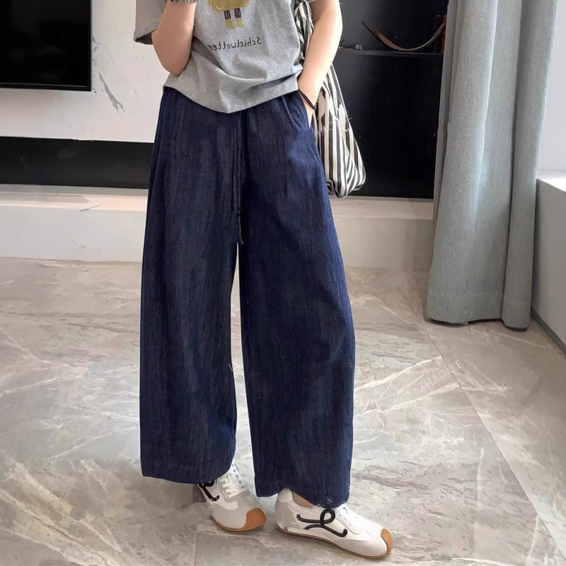 This Year's Popular Dark Blue Linen Wide-Leg Pants for Women in Summer Are Thin, Loose, Slimming and Relaxed Straight Pants