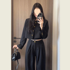 气质套装女2025春秋季新款时尚短款西装外套上衣高腰直筒裤两件套