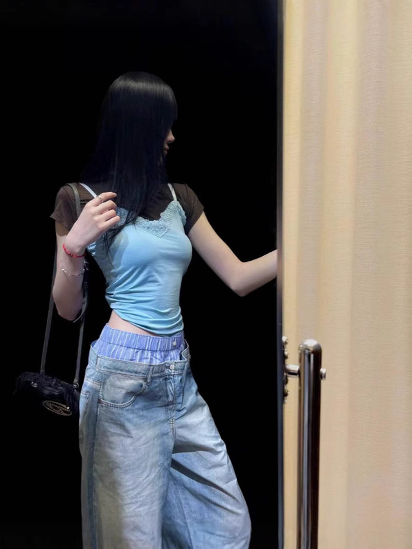 天花板品质25SS潮牌新款AC双腰长裤男女同款做旧印花牛仔阔腿裤潮|undefined