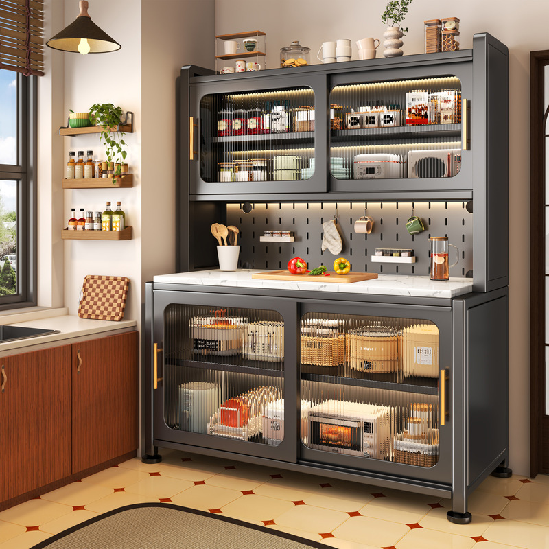 Household Kitchen Storage Rack Sliding Door Storage Cabinet Floor-Standing Multi-Functional Carbon Steel Sideboard Multi-Layer Storage Cabinet