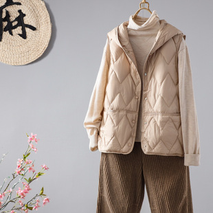 Cross-Border Autumn and Winter Fashion Rhombus Sleeveless Outer Vest for Women Hooded White Duck down Versatile Layered Inner Coat Vest