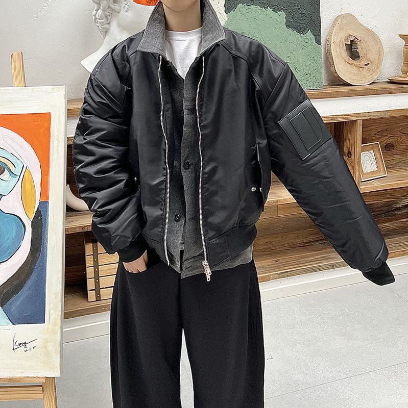 Invierno americano retro falso de dos piezas de béisbol uniforme de algodón acolchado abrigo hombres ins costura contraste color engrosado piloto de algodón acolchado abrigo de moda