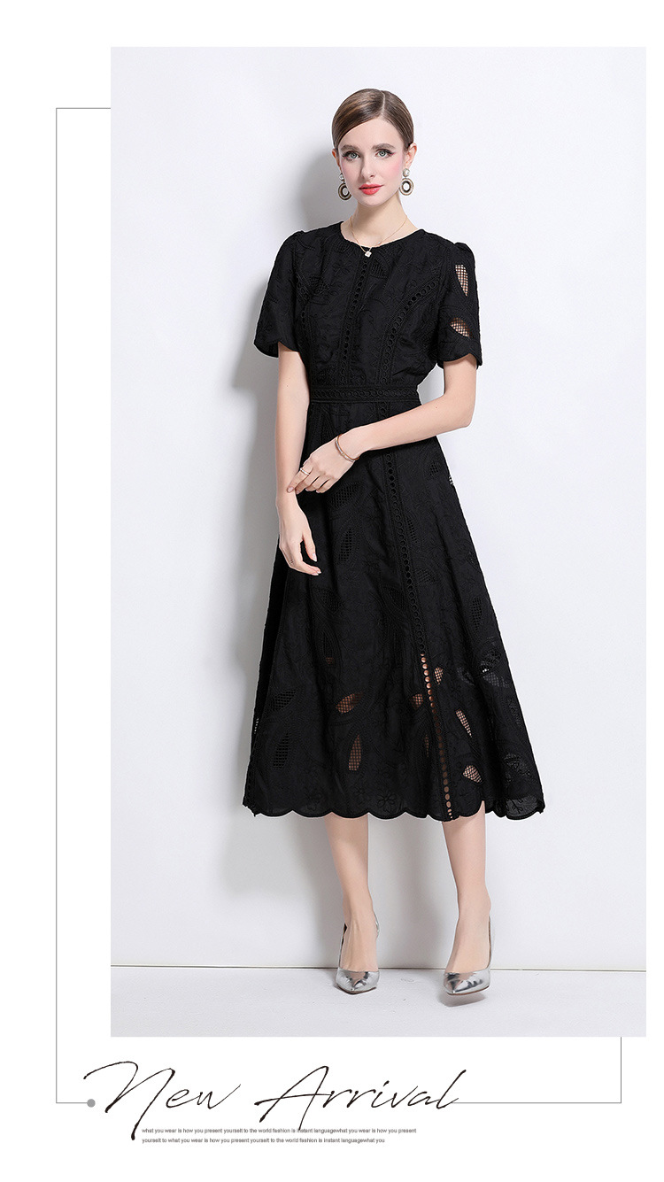 Đầm maxi nữ thắt eo cổ điển Pháp ren thêu họa tiết tay ngắn — màu đen, xanh nhạt, màu hồng, Xanh da trời nhạtcolor chi tiết 4