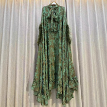 跨境外貿女裝幾何印花蝴蝶結領拼接羽毛袖口套頭連衣裙寬松蓬蓬裙