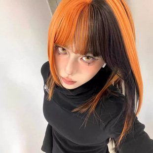 Wig Women's Black Dirty Orange Stray Clavicle Hair y2k Sub-culture Straight Short Straight Hair Full Head Cover