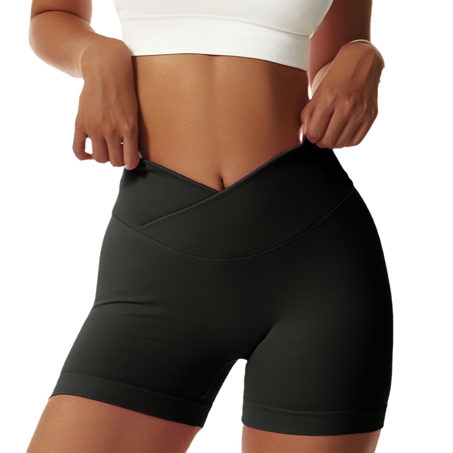 Pantalones de cintura cruzada para mujeres, pantalones cortos de cintura alta elásticos, pantalones de entrenamiento para correr, pantalones deportivos ajustados sin costuras