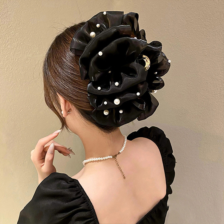 Daily Occasion Gauze Material Elegant Women's Solid Color Knot Butterfly Gauze Handmade Pearl Hair Claws