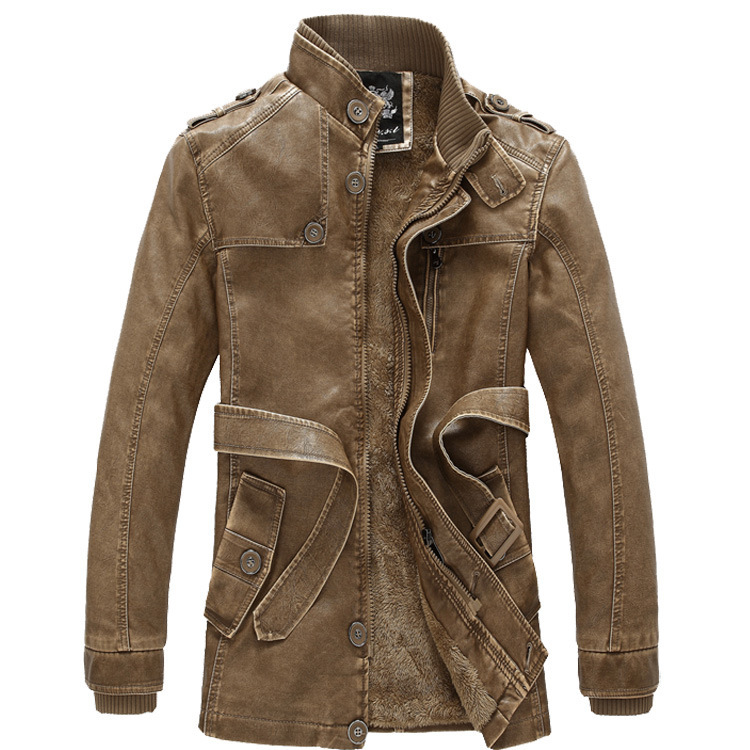 Comercio exterior 2022 otoño y invierno nuevo hombre medio largo casual chaqueta de cuero pu cuello cinturón delgado chaqueta joven