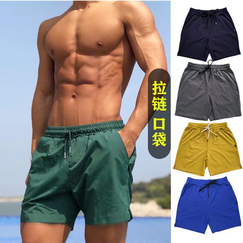 Summer new pure color sports shorts Men's Fitness quick-drying running basketball training quarter pants beach swimming pants