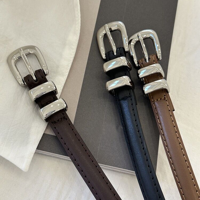 Tunt bälte Nischdesign Äkta läder Tunt bälte för kvinnor Enkelt och mångsidigt Silverspänne Metallring Kohudsbälte Trendigt dambälte_voghion.com