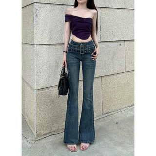 美式高街ins风微喇叭牛仔裤女春秋季复古腰带弹力修身显瘦长裤子