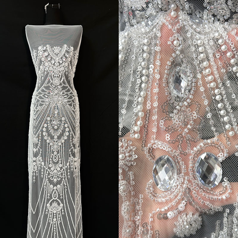 Tejido de sequilla de malla de encaje de diamante gran tubo de perlas bordado de sequilla diseño de vestido exquisito alfombra roja tela de boda