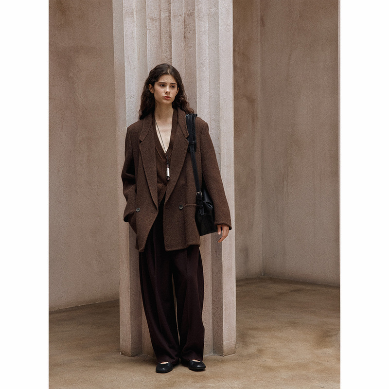 【Shiji】All-Wool Structured and Stylish Simple Commuter Tweed Wide-Shoulder Blazer Double-Sided Woolen Coat for Women M7355