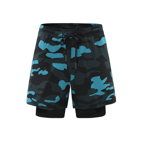 New  Double-layer Sports Pants for Men in Camouflage, Two-piece Running Shorts, 5/8 Length, Amazon Fitness