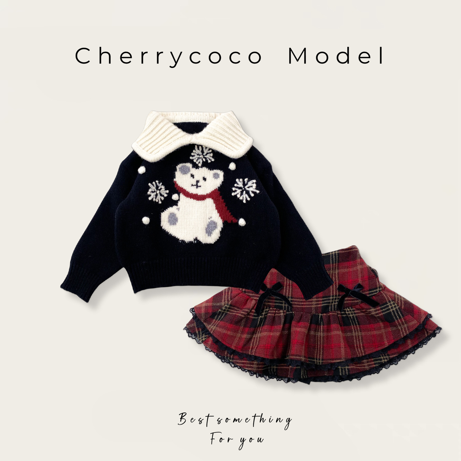 CHERRYCOCO GIRL의 중공업 GOUHUA BEAR 니트 옷깃 스웨터 기모 레이스 엣지 유료 스커트 2 피스 세트