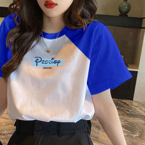 Women's Trendy T-Shirt with Split Shoulder Collar, Splicing, Summer 2025 New Arrival Korean Style, Student-Friendly, Versatile, Loose-Fitting Short Sleeve, Instagram Style, Wholesale