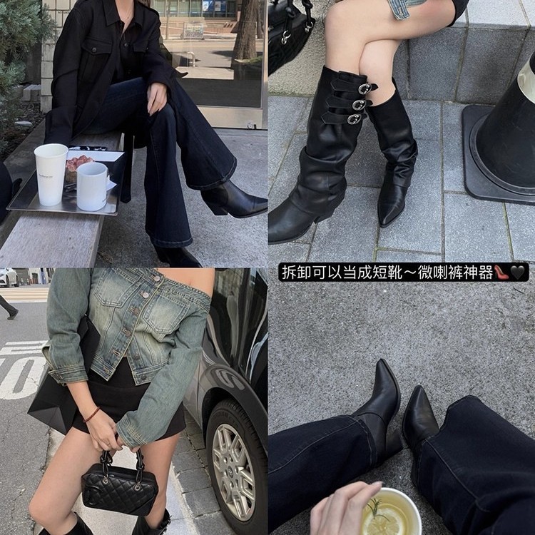 小众设计可拆卸靴套两穿靴子2025年新款复古皮带扣尖头长筒靴女款|undefined