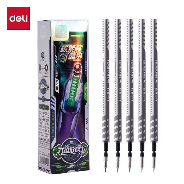 Deli Ss025 Hexagonal Warrior Carbon Black Retractable Gel Pen Refill 0.5mm as Tip Gel Pen Refill