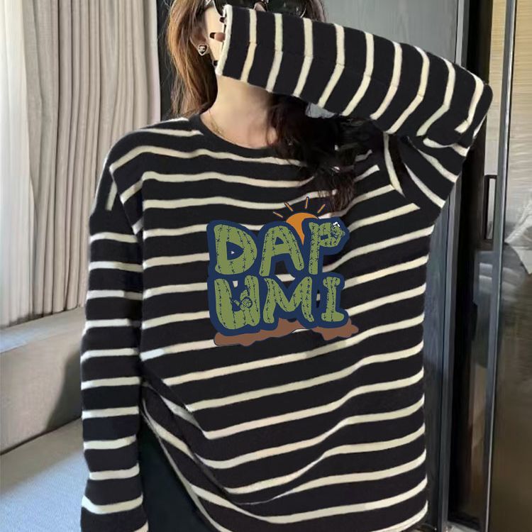 条纹设计感纯棉圆领长袖t恤女韩版宽松时尚百搭减龄上衣春秋季潮|undefined