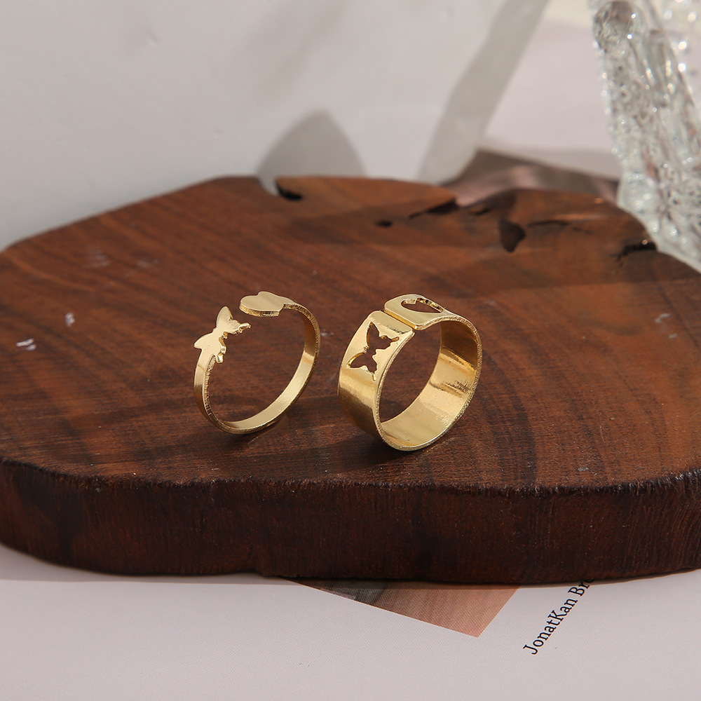 fashion geometric hollowed heart butterfly shaped alloy rings two piece set wholesale