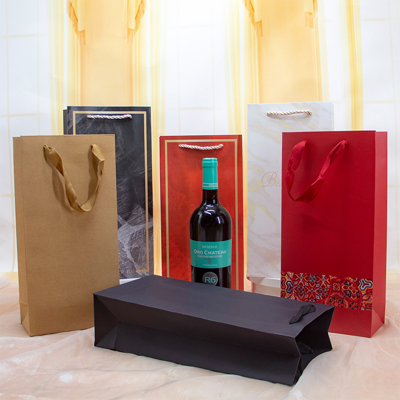 圣诞节长方形红酒礼品袋大理石高档烟酒包装袋生日红酒手提袋红