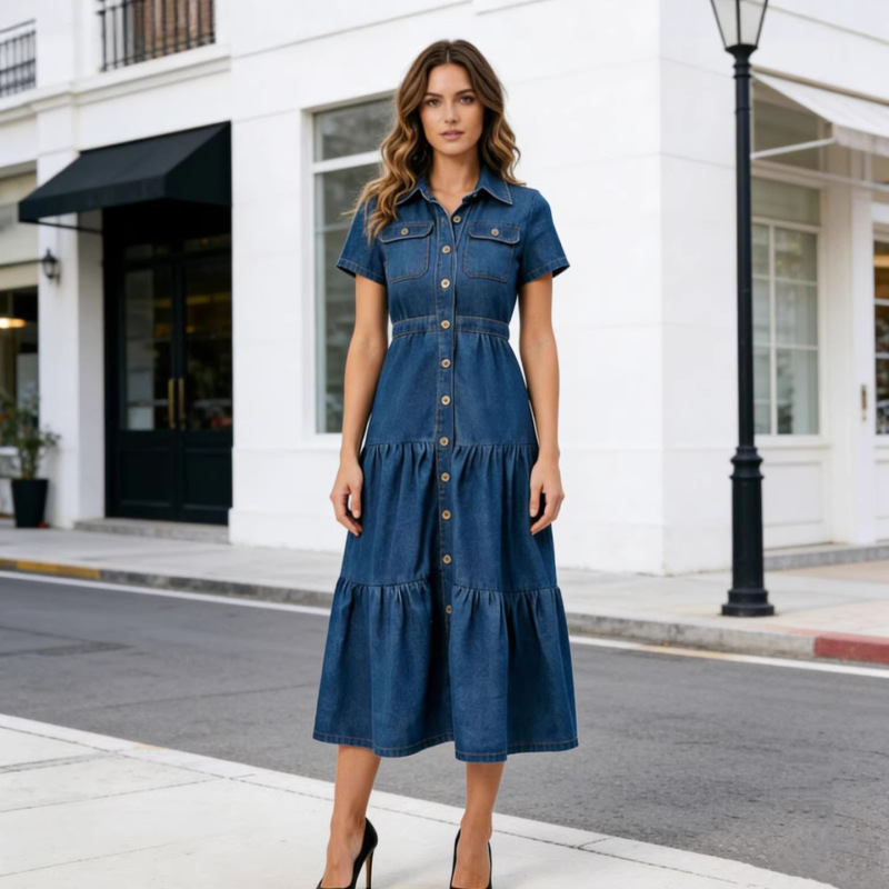2026 Cross-Border Amazon New European and American Casual Short-Sleeve Denim Dress, Long Style, Waist-Cinching, Plus-Size, Trendy Fashion