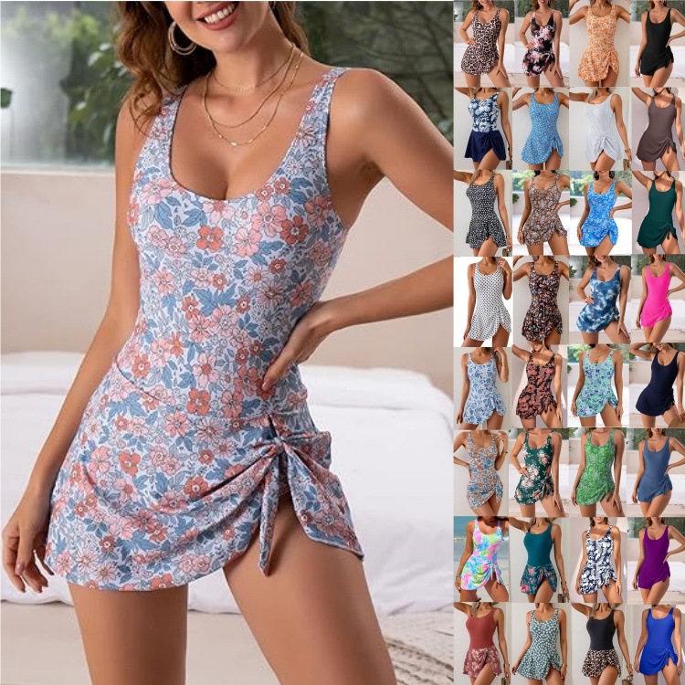 2025 European and American Cross-Border New Women's Sleeveless Low Round Neck One-Piece Swimsuit Tummy Control Slimming Look Swimming Skirt Swimsuit