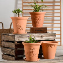 *红陶土浮雕大口径透气户外庭院罗马绿植复古粗陶土花盆带托盘