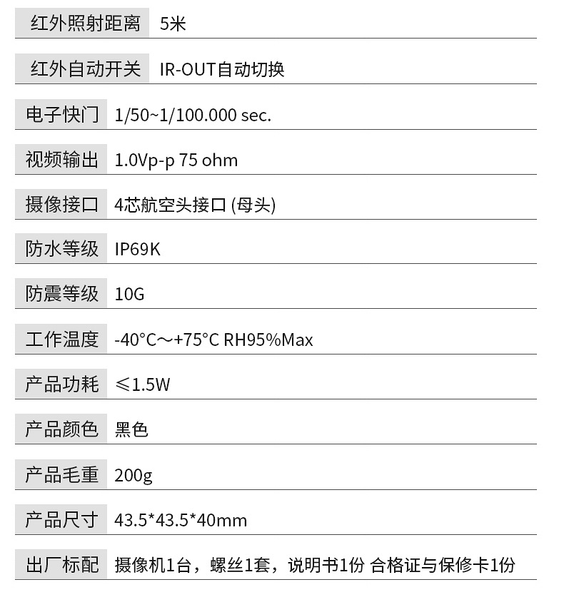 Vehicle-mounted infrared waterproof hemispherical camera 180 ° Ultra wide angle IP69K waterproof camera metal material 12V