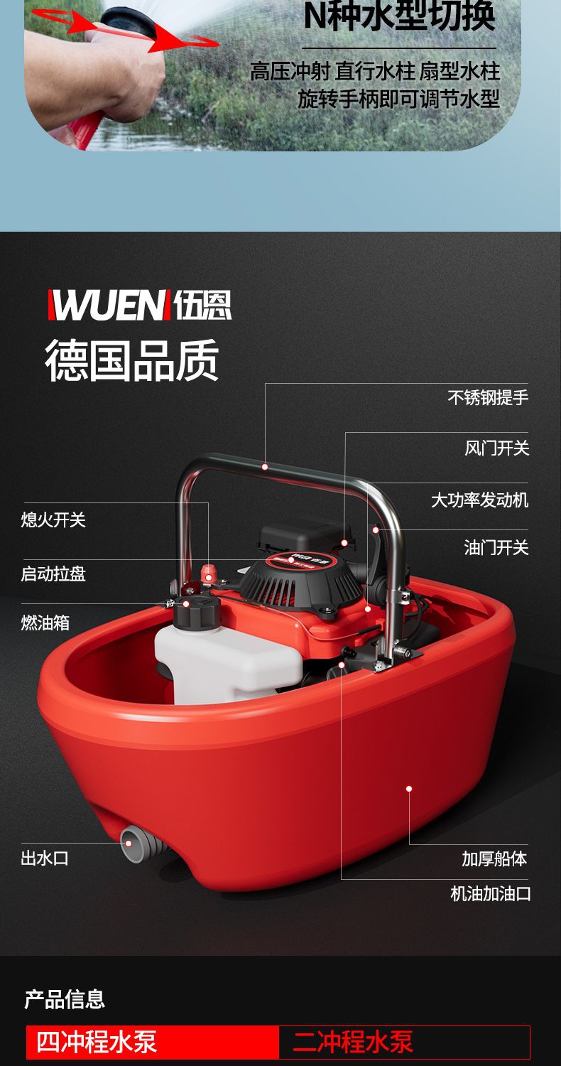 Imported Electric Start Boat-Type Water Pump Four-Stroke Gasoline Engine Water Pump Agricultural Irrigation Lotus Root Digging Machine Lotus Root Digging Vegetable Watering High Pressure