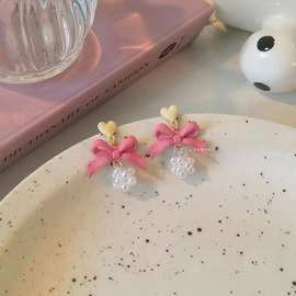 高级感夏日粉色少女爱心珍珠蝴蝶结可爱甜美水蜜桃夏天的耳环