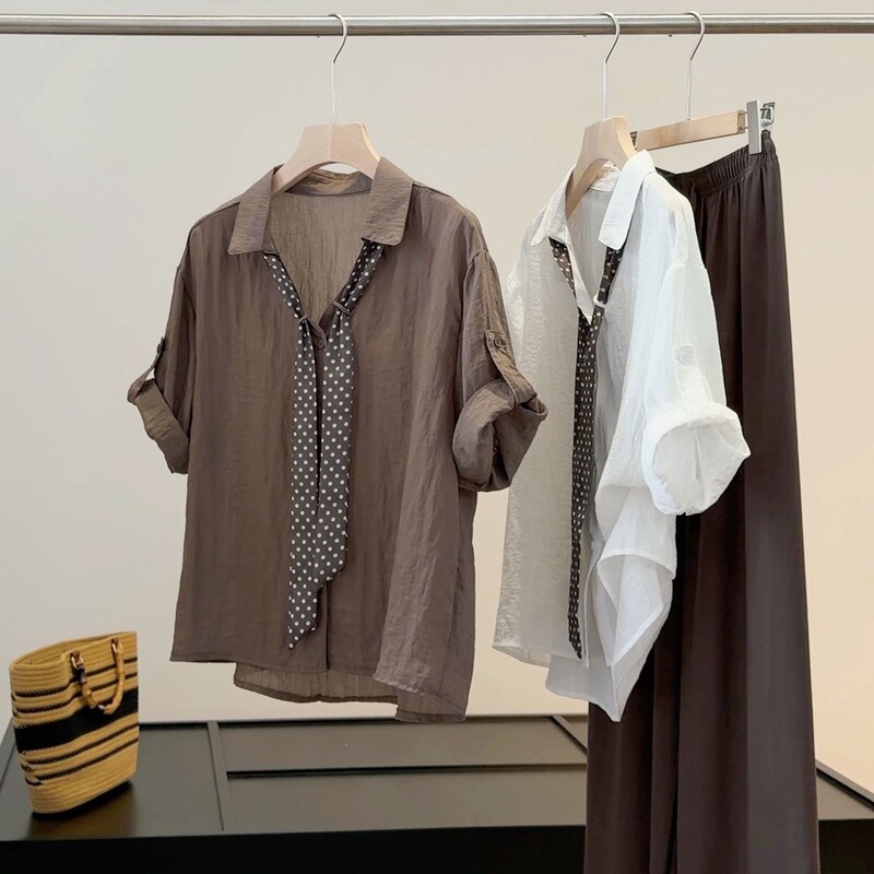 Polka Dot Ribbon Collar Tencel New Five-Quarter Sleeve Shirt for Women, Summer New Style, Elegant Commuting Casual Mid-Sleeve Top Polka Dot Ribbon Collar Tencel New Five-Quarter Sleeve Shirt for Women, Summer New Style, Elegant Commuting Casual Mid-Sleeve Top
