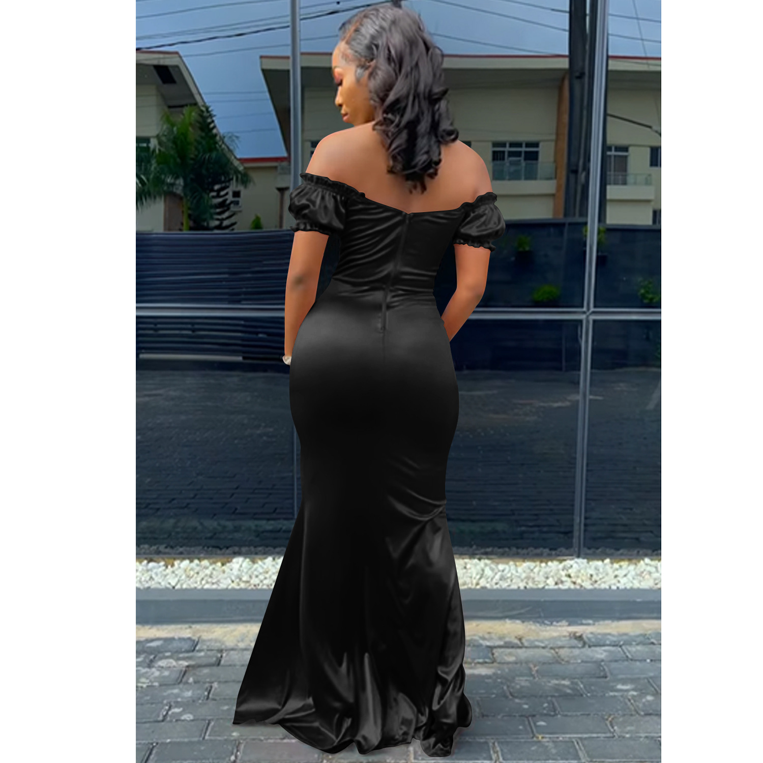 One Shoulder Ruffle Sleeves Tight Slit Prom Solid Color Dress NSFYZ114398