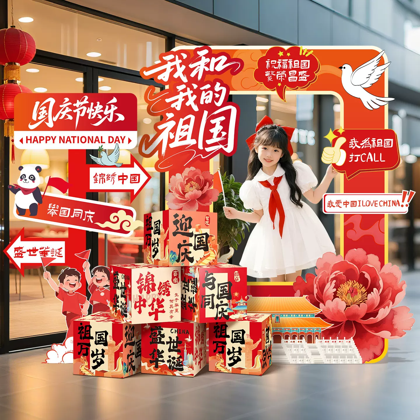 国庆节氛围场景布置装饰商场门店铺主题活动拍照打卡道具kt板摆件