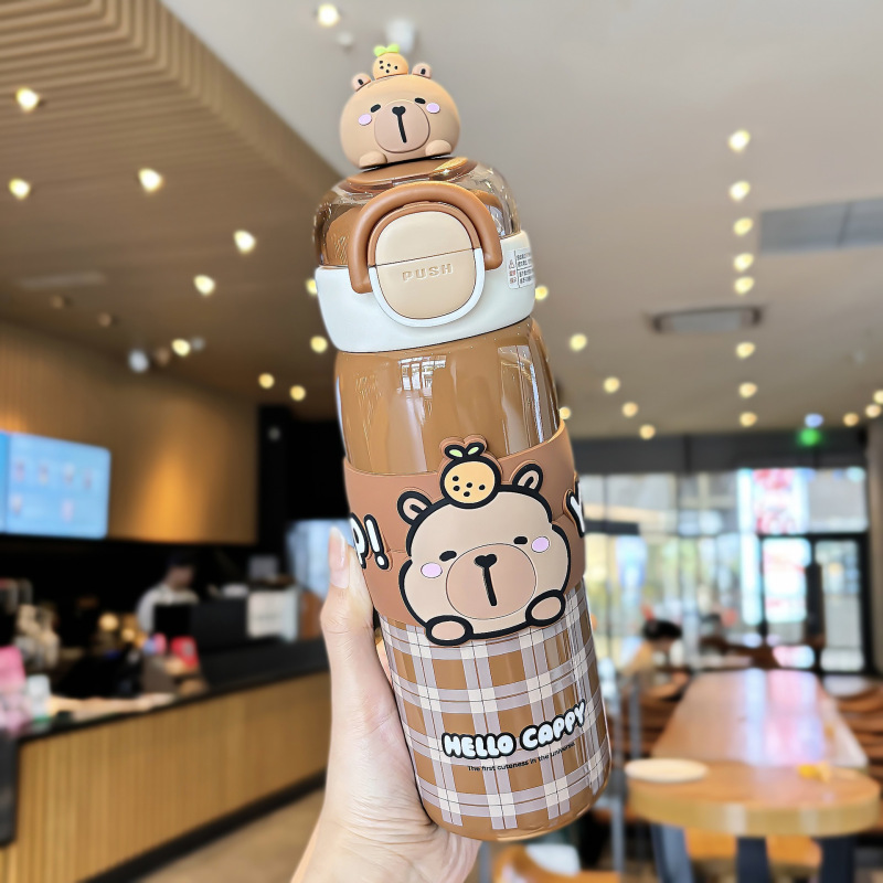 かわいい Kapibara 子供用ポットとカップセット学生魔法瓶カップ調節可能なカップロープポータブルシリコンノズル飲料カップ|undefined