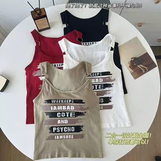美式辣妹圆领吊带背心内搭女带胸垫字母印花美背裹胸外穿打底上衣