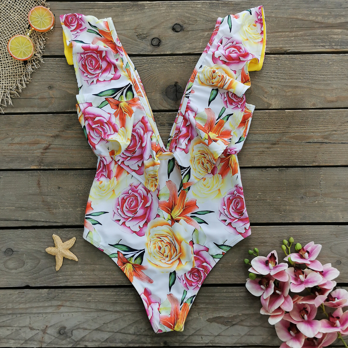 291g Weight Sleeveless Sleeve Length Polyester Fabric Type Short Top Length One-pieces Tops Type 1 Piece Quantity Swimming Occasion V Neck Neckline Slim Fit Type Flower Pattern Women's Gender Vacation Style Women's Vacation Flower 1 Piece One Piece Swimwear 26
