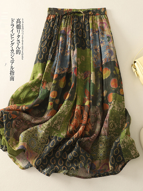 外贸日系原单高端品牌女装双层苎麻半身裙文艺印花棉麻字大摆裙