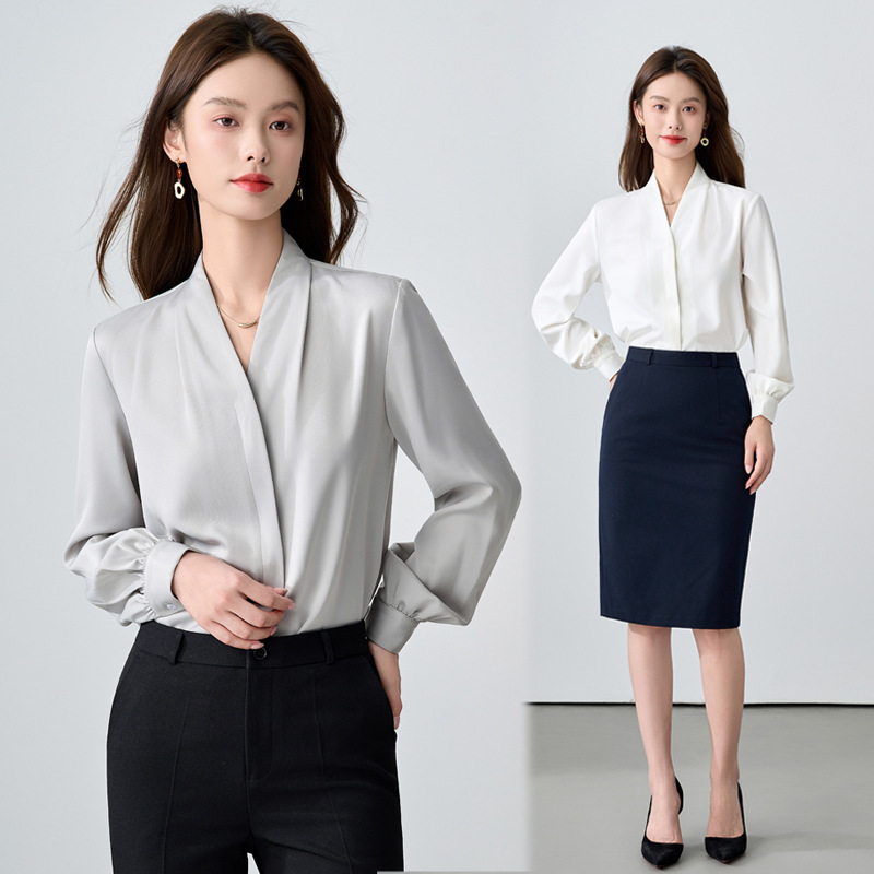 White V Neck Shirt for Women 2025 New Spring & Fall Inner Layering Interview Formal Wear Work Clothing Shirt Suit White V Neck Shirt for Women 2025 New Spring & Fall Inner Layering Interview Formal Wear Work Clothing Shirt Suit