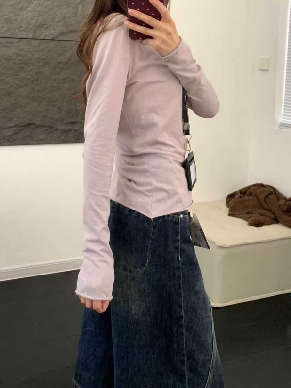 早秋季简约百搭白色T恤衫女薄款防晒罩衫chic卷边松弛感长袖上衣|undefined