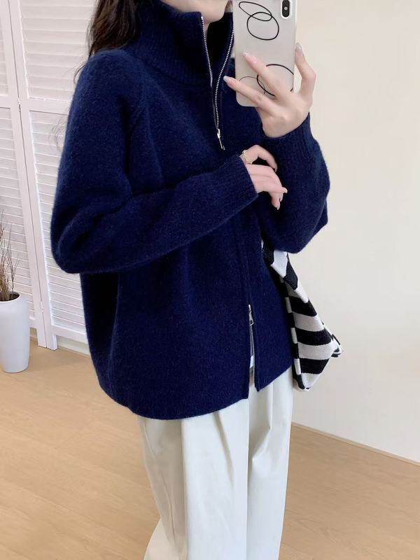 跨境慵懒风毛衣外套女2025秋冬新款韩系纯色立领拉链针织开衫|undefined
