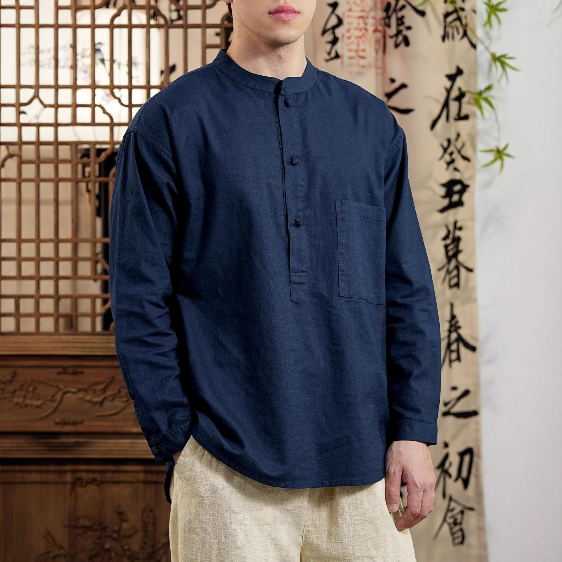 秋季新款男士亚麻衬衫新中式盘扣立领长袖宽松大码中国风-秋至