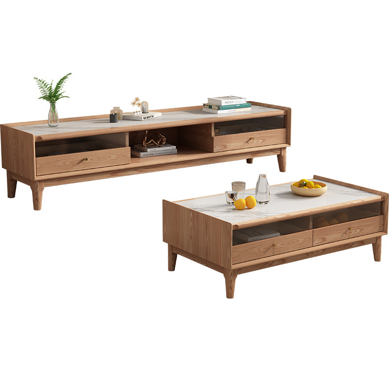 Nórdico Placa de roca de madera maciza mesa de té TV gabinete combinación moderna sala de estar minimalista pequeño apartamento cera blanca madera registro estilo mesa de té