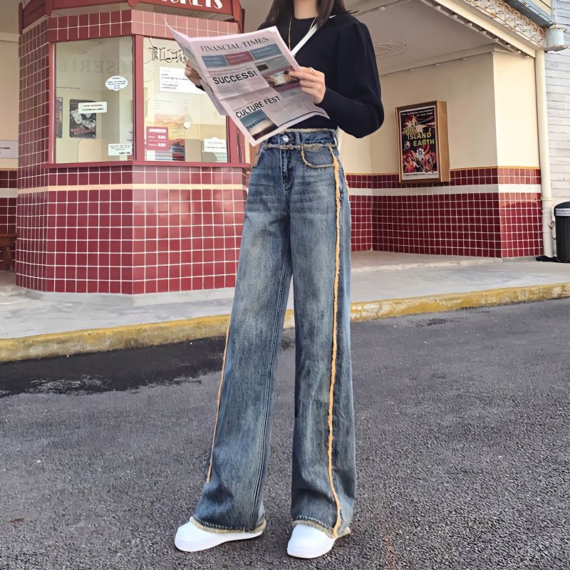High-Waisted Wide-Leg Jeans for Women with Trim, Spring and Autumn 2023 New Straight Loose Hong Kong Style Slimming and Height-Enhancing Floor-Length Pants