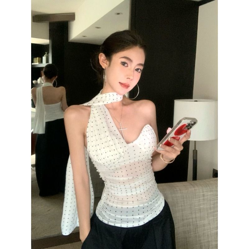 夏季斜肩网纱波点吊带背心女泰式辣妹挂脖抹胸上衣带胸垫裹胸外穿|undefined