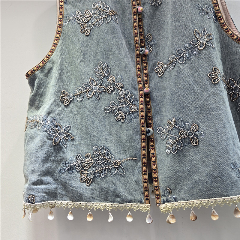 Europa industria pesada bordada chaleco de vaqueros mujeres 2026 primavera sin mangas cuello redondo clavos de perla estilo nacional cardigan abrigo temperamento de la marea image 3