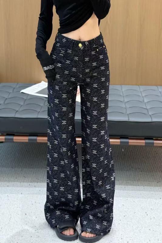 2025早秋新款美式复古提花直筒牛仔裤女高腰宽松阔脚裤休闲拖地裤|undefined