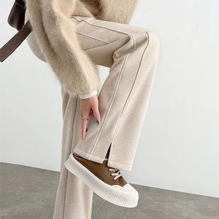 Herringbone fleece-lined 2024 Pants Women's Autumn and Winter New Woolen Split Pants Straight Thickened Banana Leg Pants Casual Women