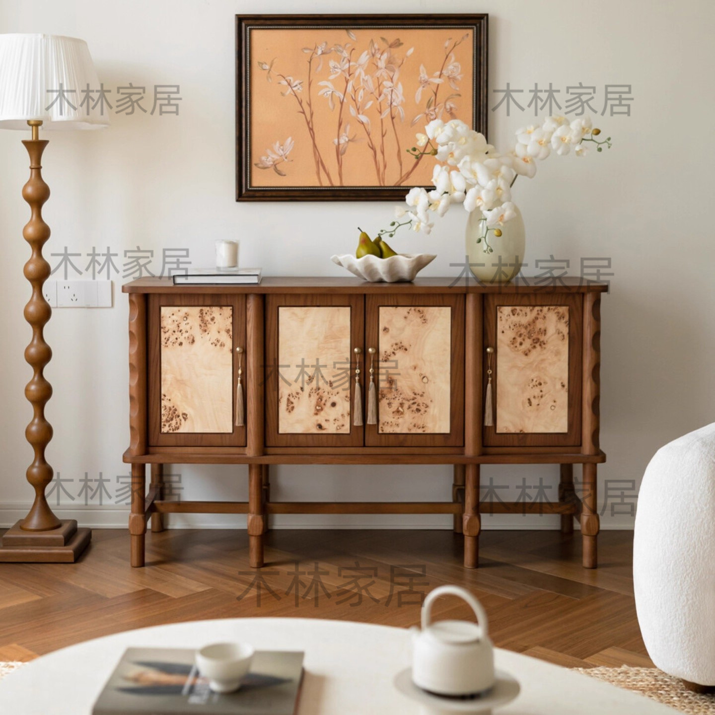 French Mid-Century Style Tree Stump Leather Storage Sideboard American Retro Solid Wood Carved Entrance Cabinet Living Room Wall Side Cabinet