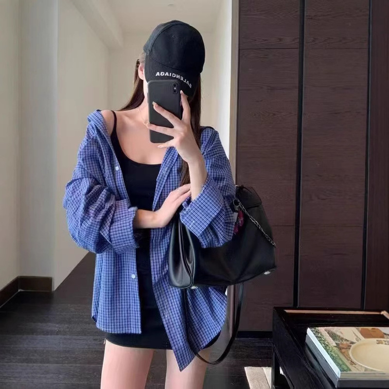 New Pocket Blue Plaid Shirt Jacket for Women Spring and Summer New College Style Loose Layered Base Jacket
